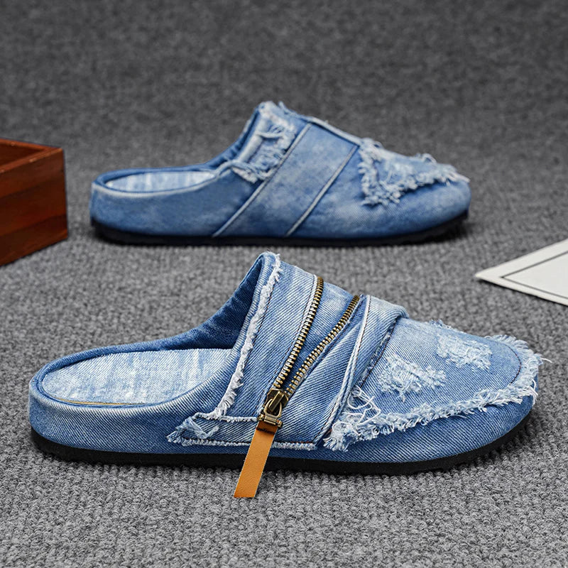 Mules de Mezclilla Azul Claro con Bordes Deshilachados, A...