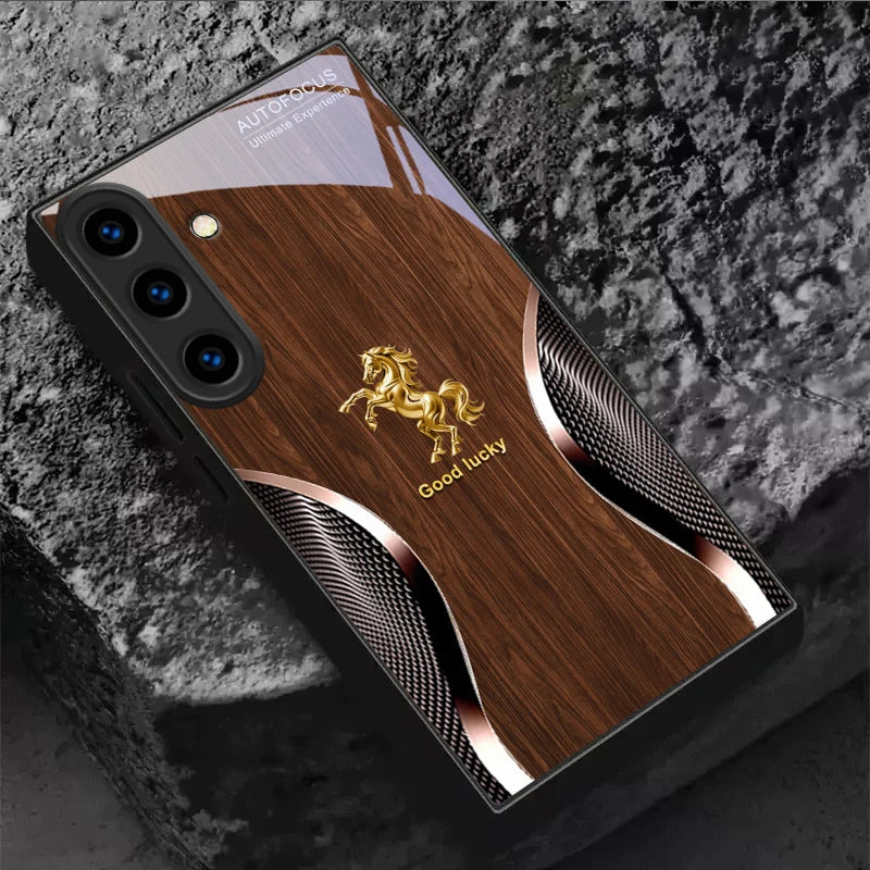 Black crystal phone case featuring Golden Steed Fortune design, providing stylish protection for your smartphone.
