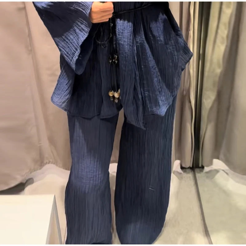 Conjunto Casual Mujer V-Neck Manga Ancha Lazo Pantalón Holgado