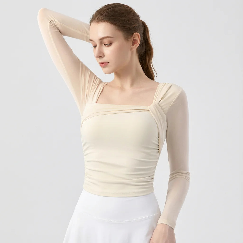 Camiseta Yoga Malla Mujer Manga Larga Acolchada - Top Corto Fitness