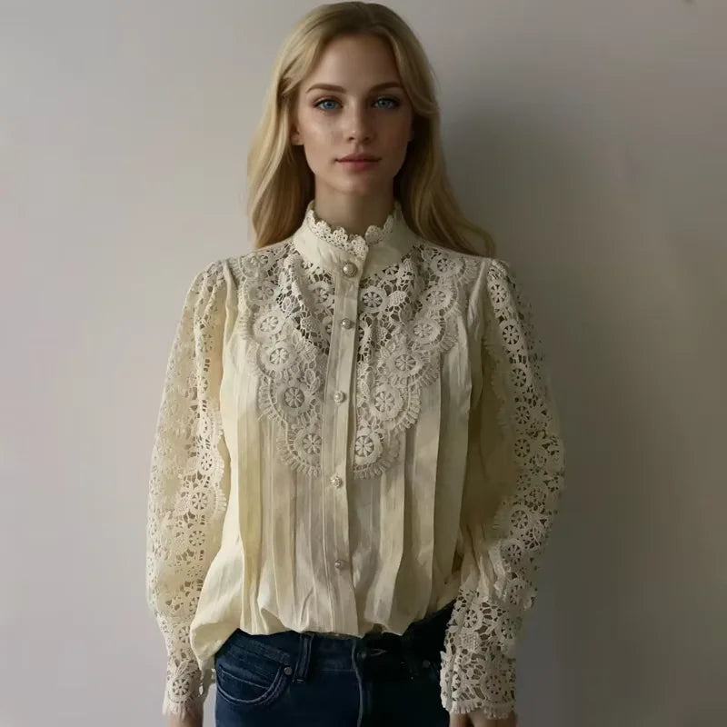 Blusa de encaje con manga de pétalo para mujer, camisa co...