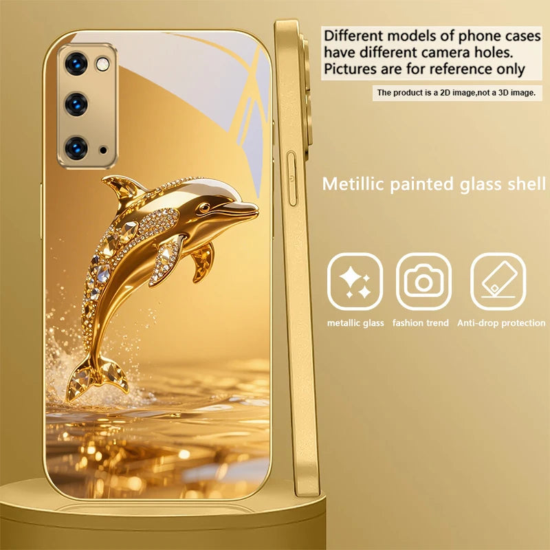 Gold dolphin phone case for Samsung Galaxy S20 FE, S21 Plus, S22, and S23, featuring a detailed gold dolphin design.