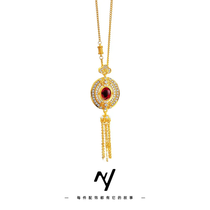 Collar de clavícula con borla de rubí ovalado para mujer,...