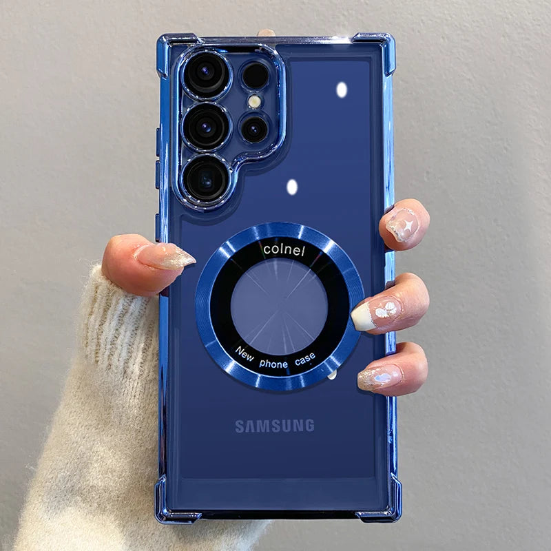 Luxury magnetic phone case with wireless charging for Samsung smartphones, featuring sleek design and durable protection.