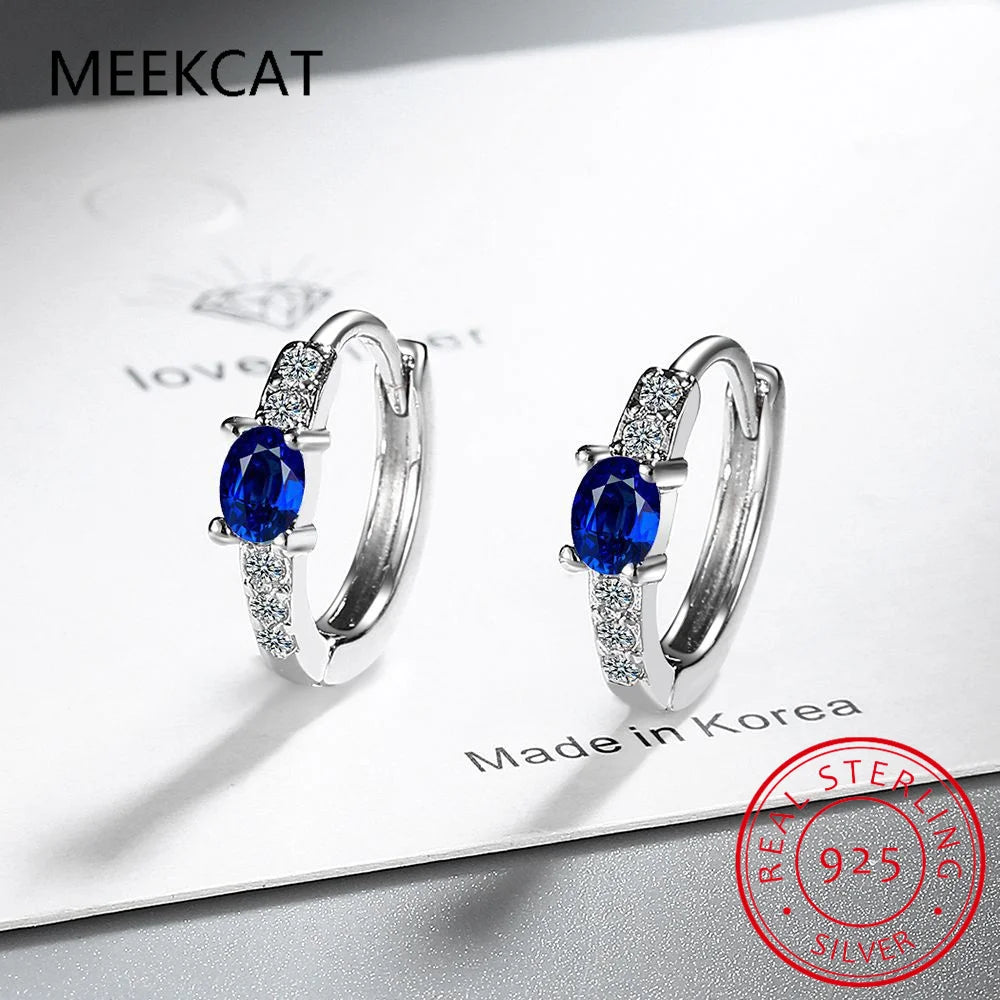 Pendientes de aro de Plata de Ley 925 con zafiro azul ova...