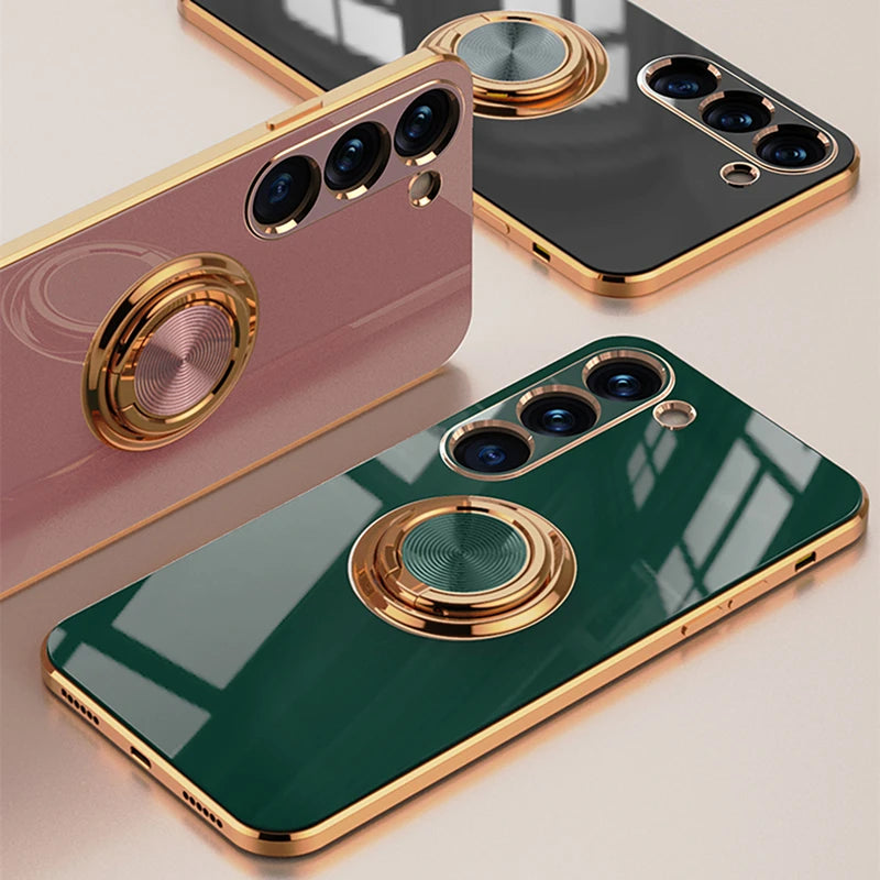 Luxury gold-plated Samsung ring support case with elegant design, offering stylish protection for your smartphone.