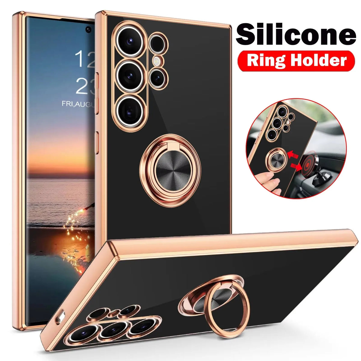 Luxury gold-plated magnetic phone case with stand, designed by Corporación Turística, featuring a sleek, elegant finish.