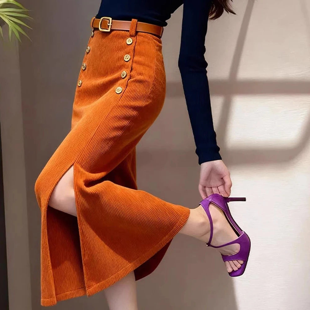 Falda larga de pana morada francesa para mujer, estilo re...
