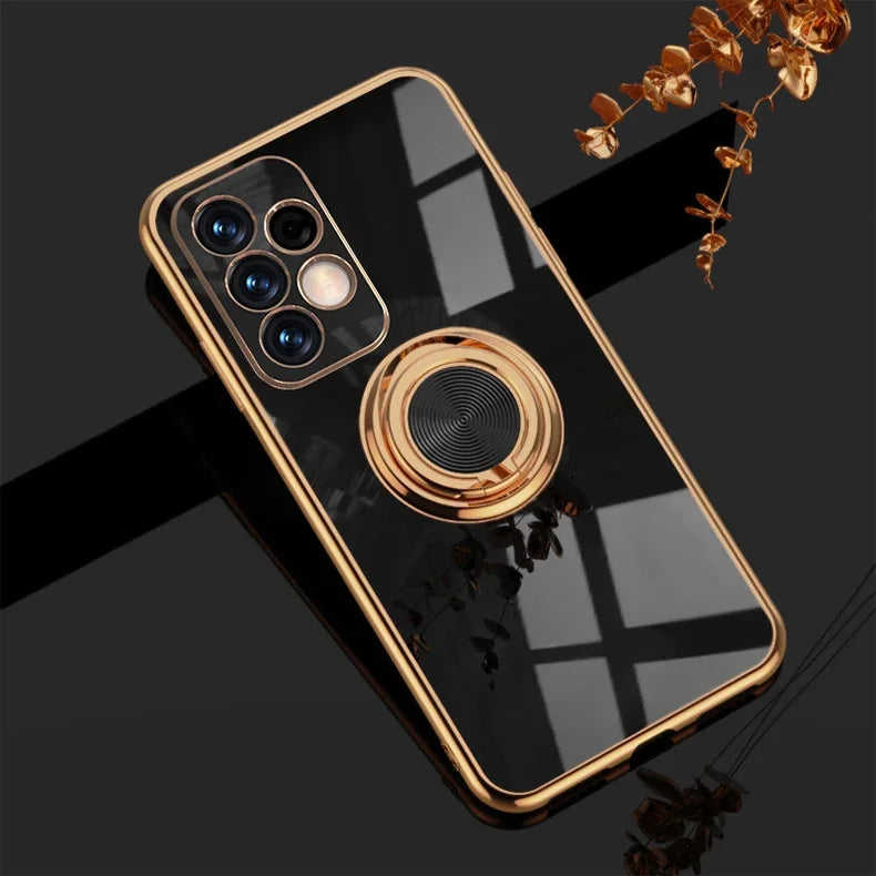 Luxury gold-plated ring support case for Samsung smartphones, featuring elegant design and durable protection.