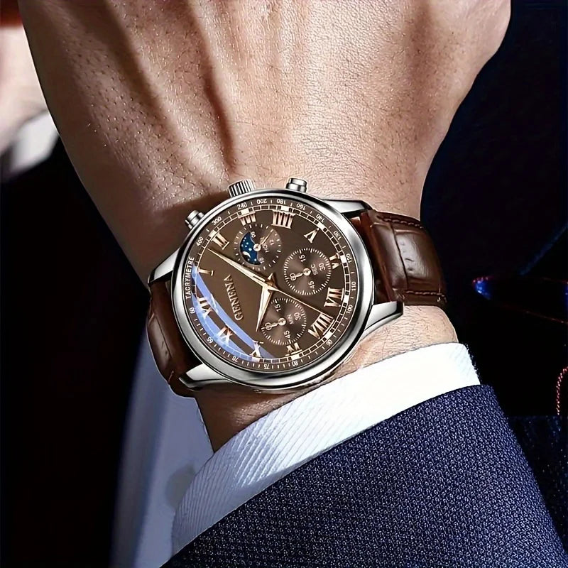 Reloj Geneva con caja plateada, fase lunar, triple subesf...