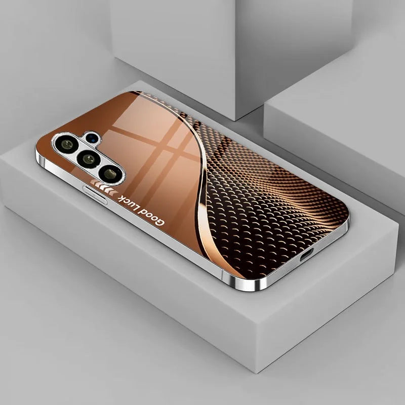 Electroplated glass phone case with decorative design, designed for a smartphone, by Corporación Turística.