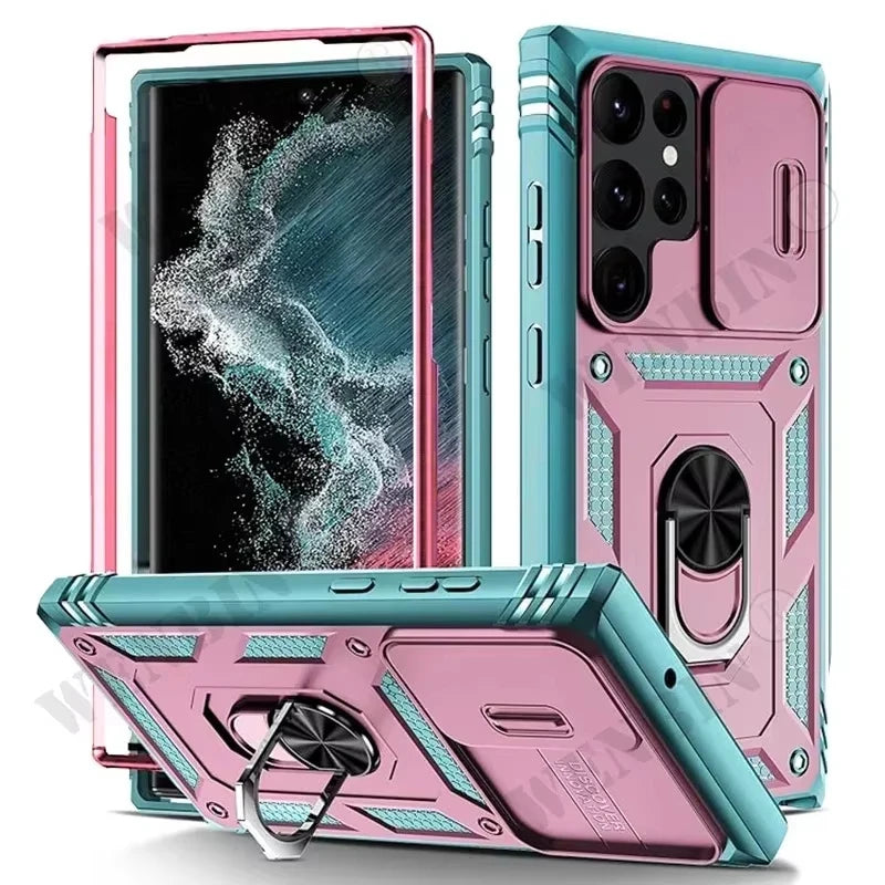 Durable Samsung S25 Ultra case with 360-degree support, compatible with S23, S26, S24 Plus, A57, A56, A37, A36, A17, and A16 5G.