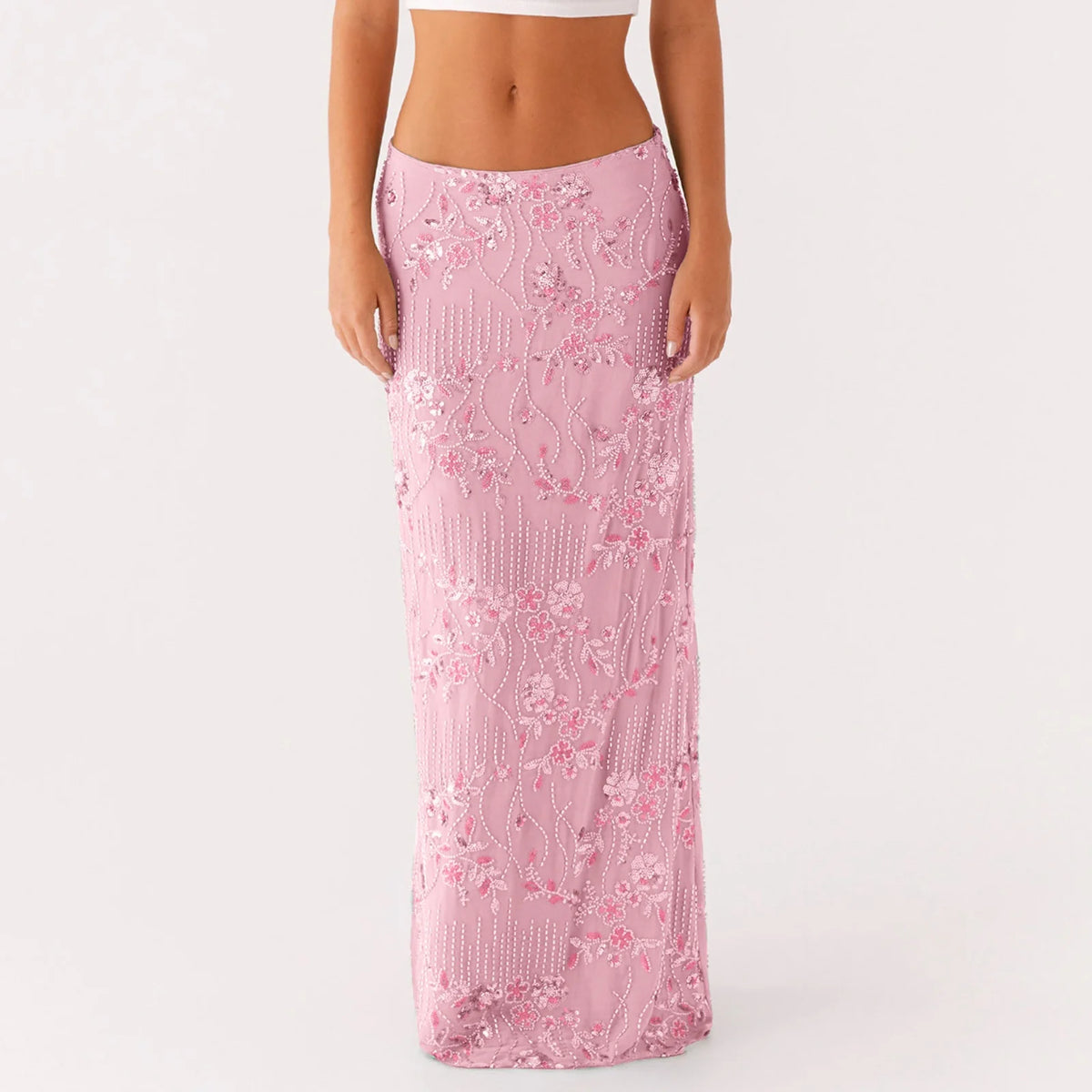 Falda larga elegante con lentejuelas y cuentas para mujer...