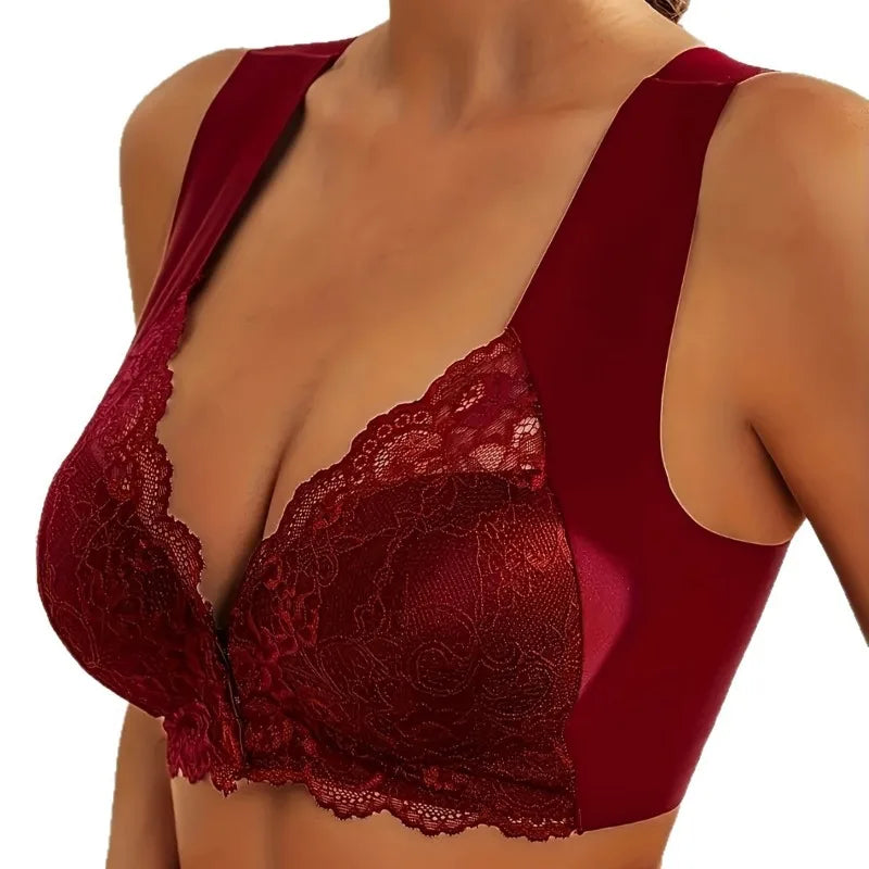Lactation nursing bra with front closure and lace details, designed for comfort and easy breastfeeding access.