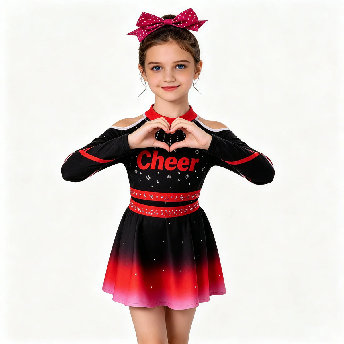 Colorful cheerleader costume for girls with rhinestones and gradient design, featuring a fitted bodice and pleated skirt.