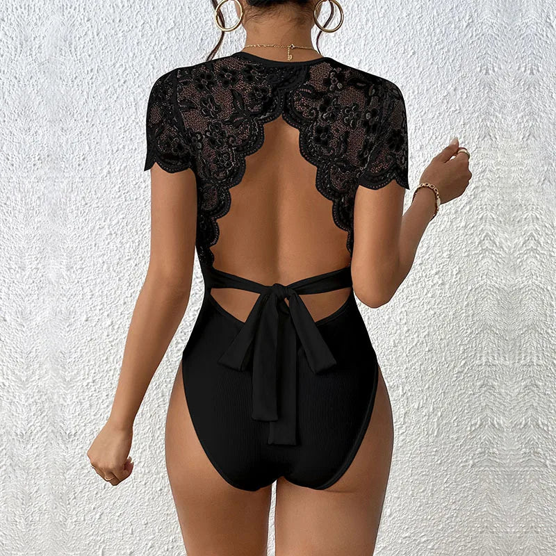 Body de encaje sexy de manga corta para mujer, negro y bl...