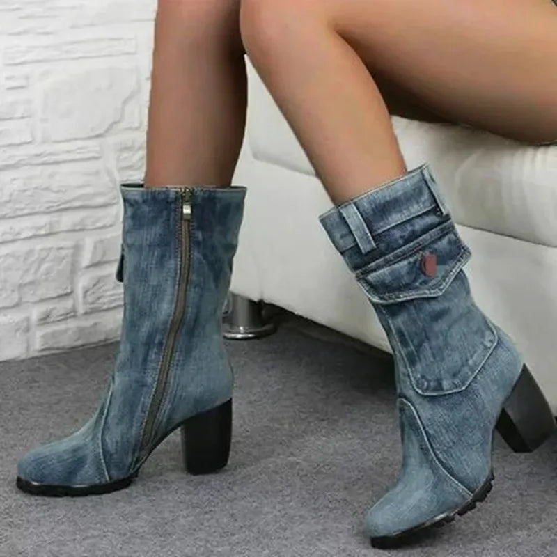 Botas De vaquero para Mujer, Zapatos individuales De tacó de denim azul con tacón alto y cierre lateral.