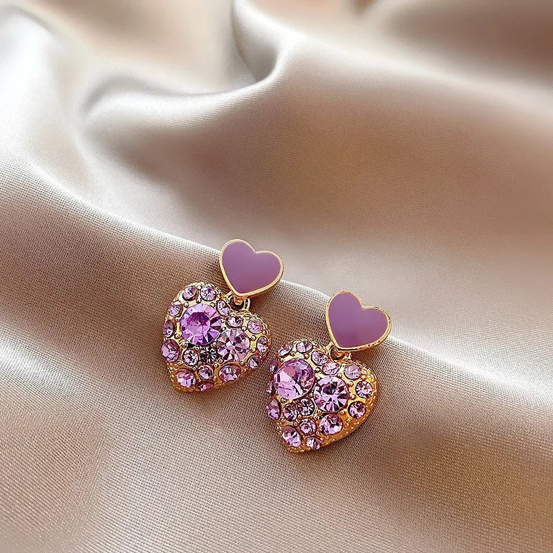 Pendientes de gota de corazón de cristal púrpura para muj...