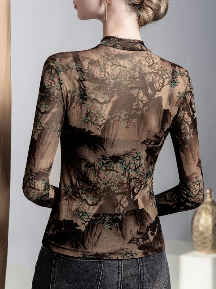 Tops sexis de manga larga con cuello levantado para mujer...