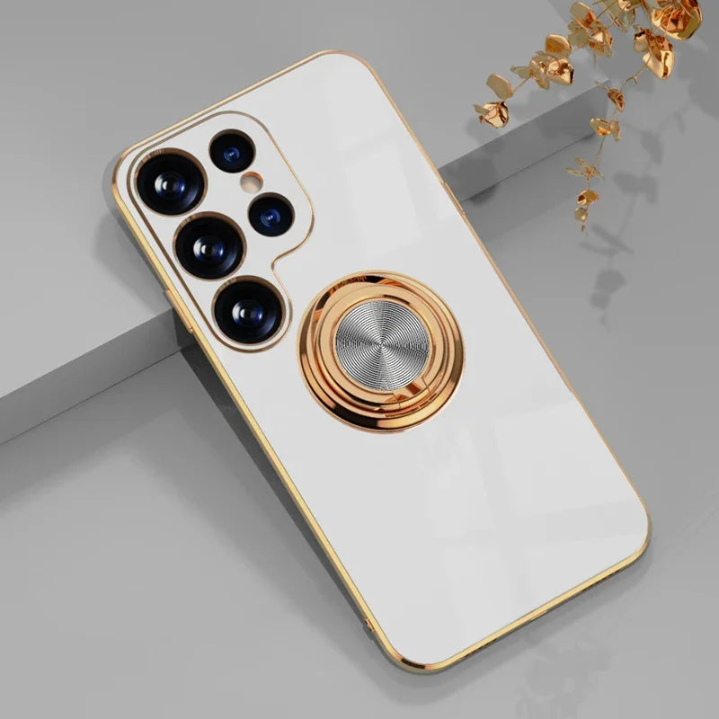 Luxury gold ring stand case for Samsung smartphones, featuring a sleek design and protective cover by Corporación Turística.