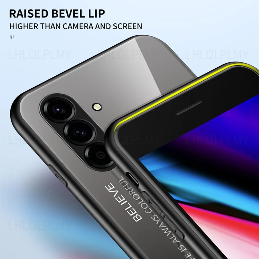 Tempered glass phone case with gradient design for Samsung Galaxy, providing protection and style.