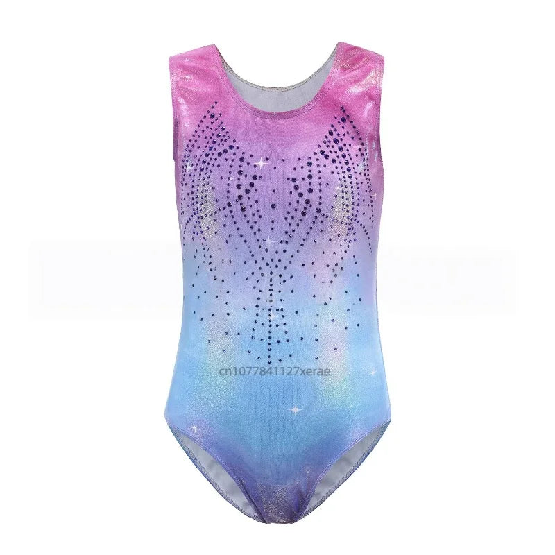 Close-up of Corporación Turística's fitted dance leotard with vibrant hot print design on stretchy fabric.