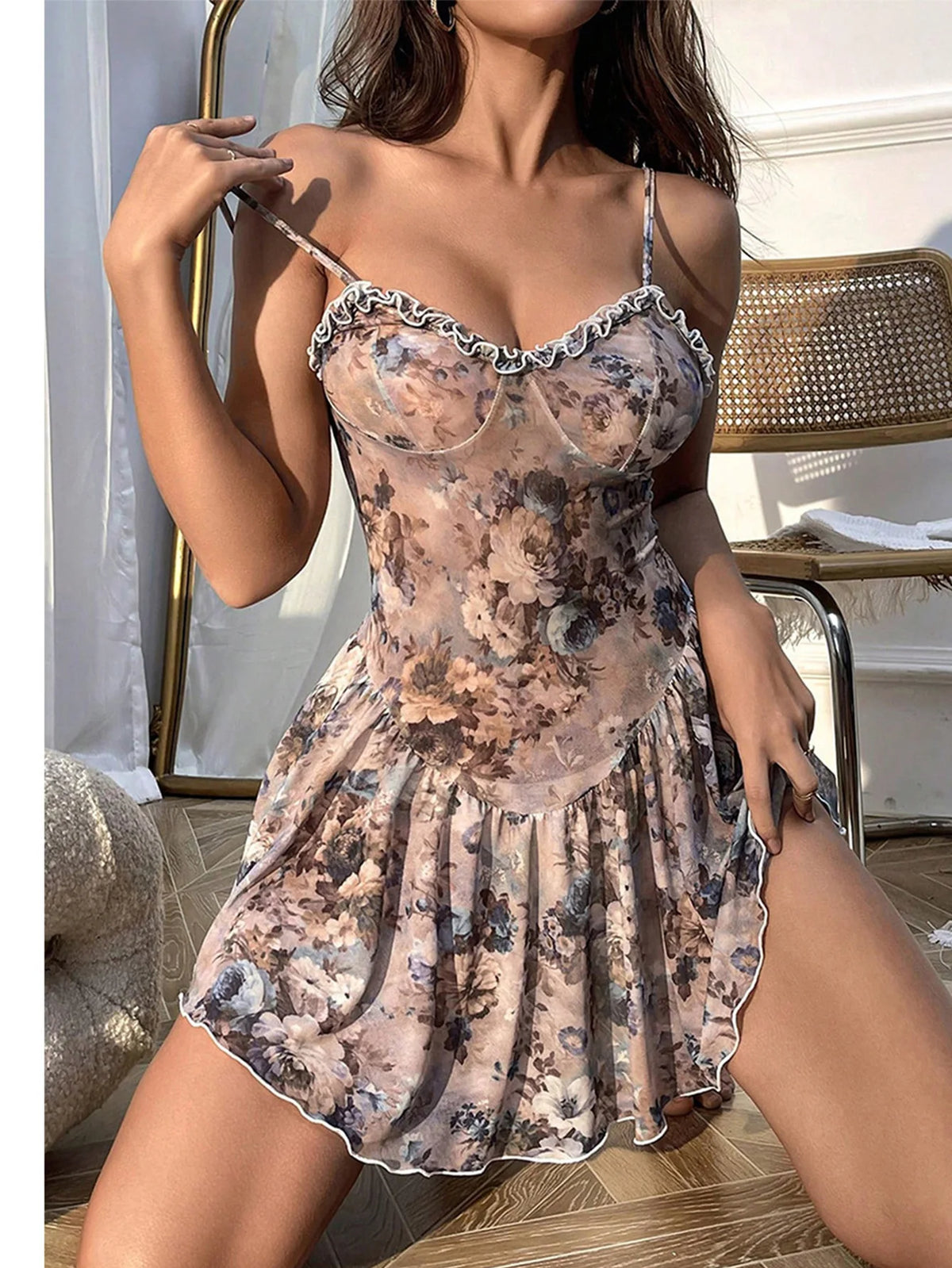 Camisón camisola floral mini falda con encaje sexy camisa...