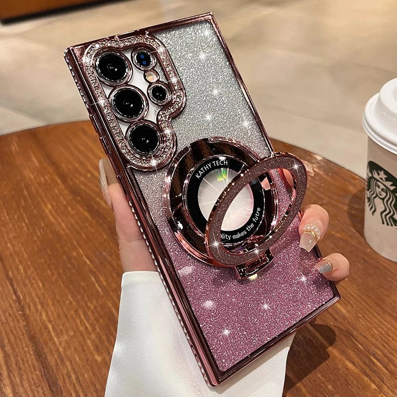 Magnetic glitter and diamond phone case for Samsung, featuring sparkling accents and durable protection from Corporación Turística.