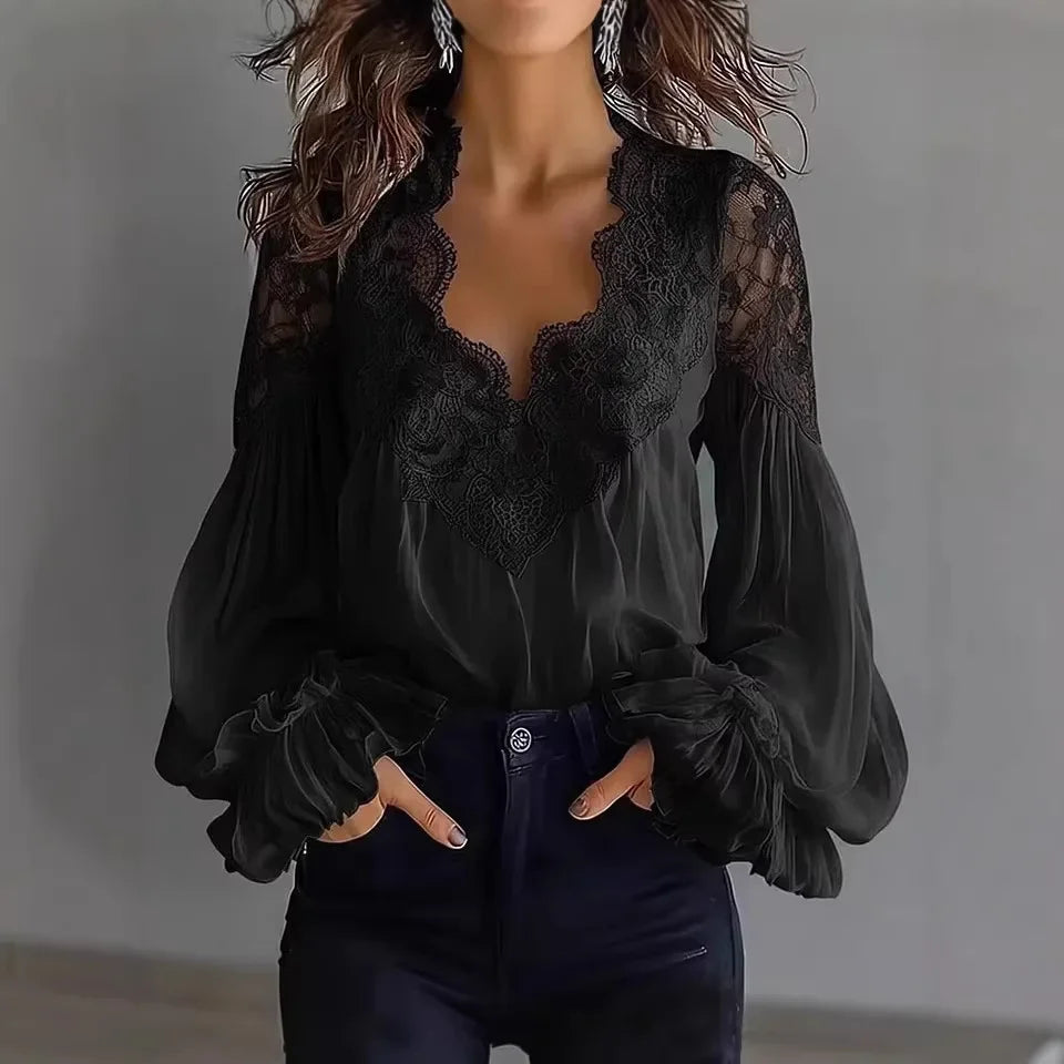 Blusa blanca de encaje con cuello en V profundo y mangas ...