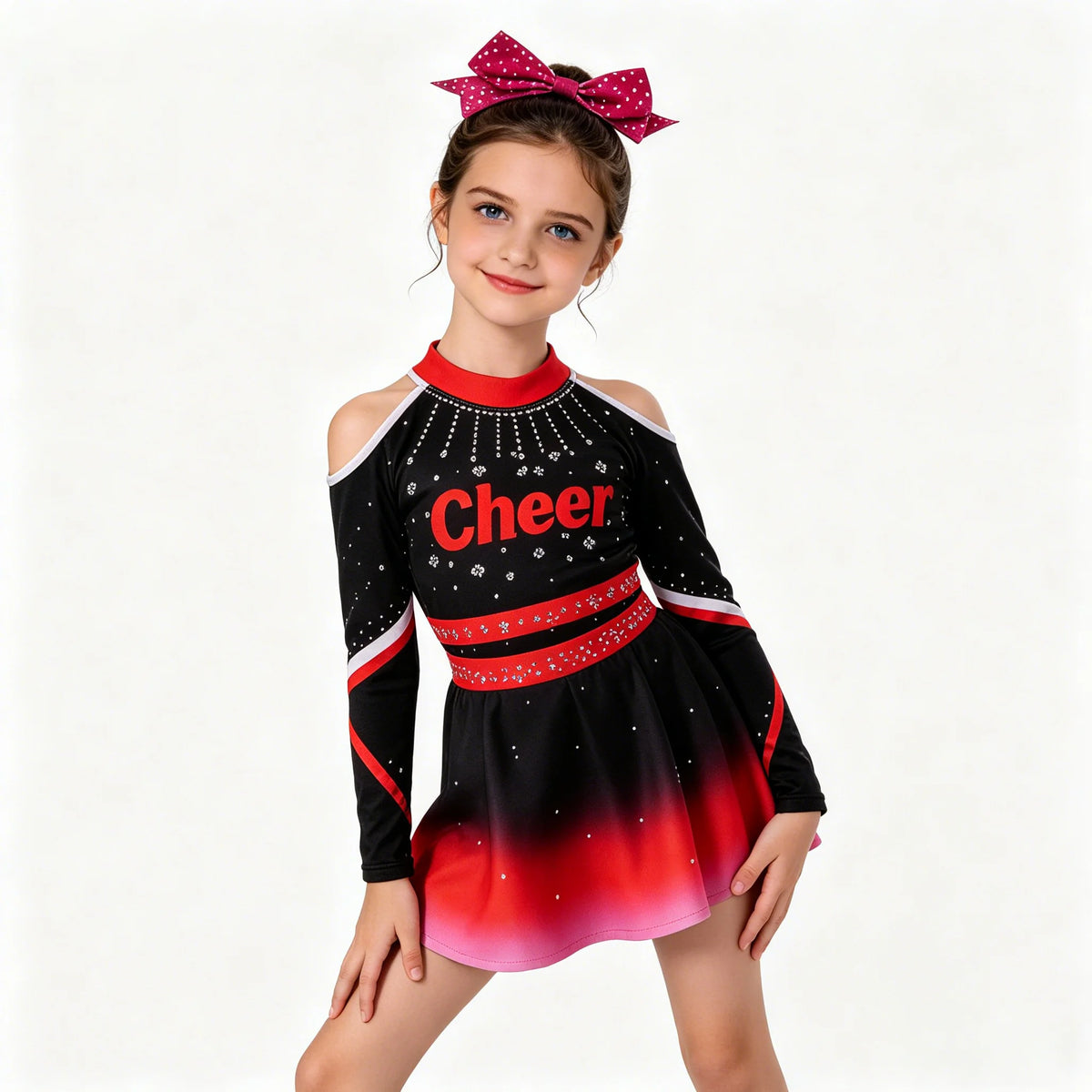 Niña usando traje de animadora con pedrería y degradado en colores brillantes, diseñado por Corporación Turística.