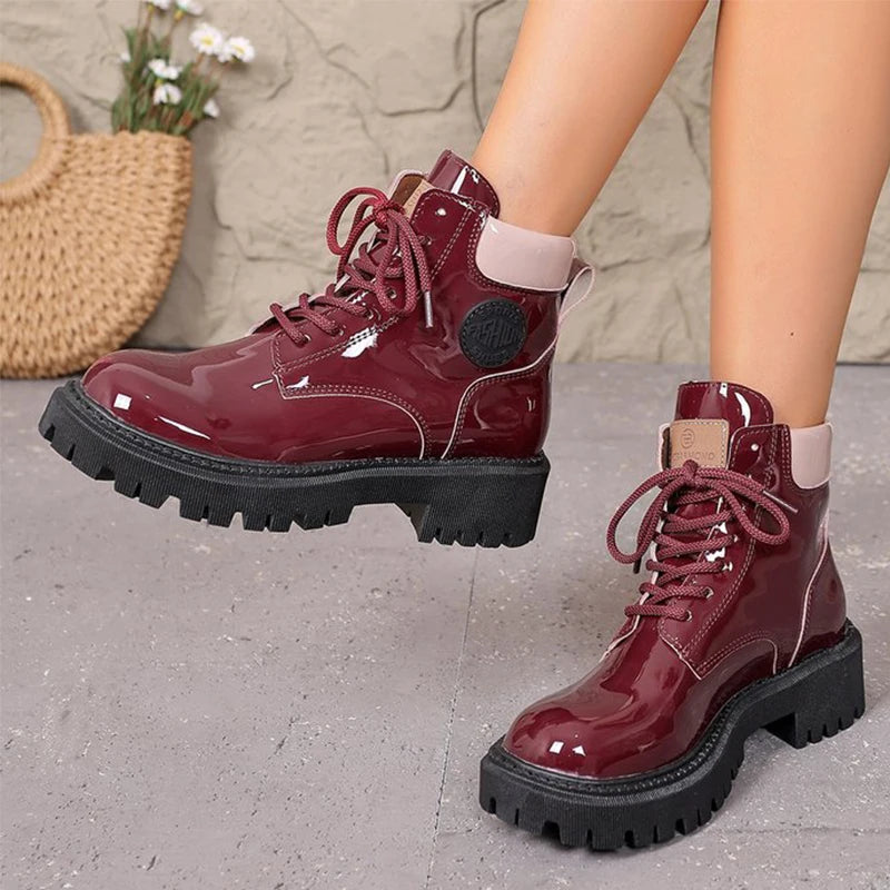Botas de charol con cordones para mujer, botas de punta r...