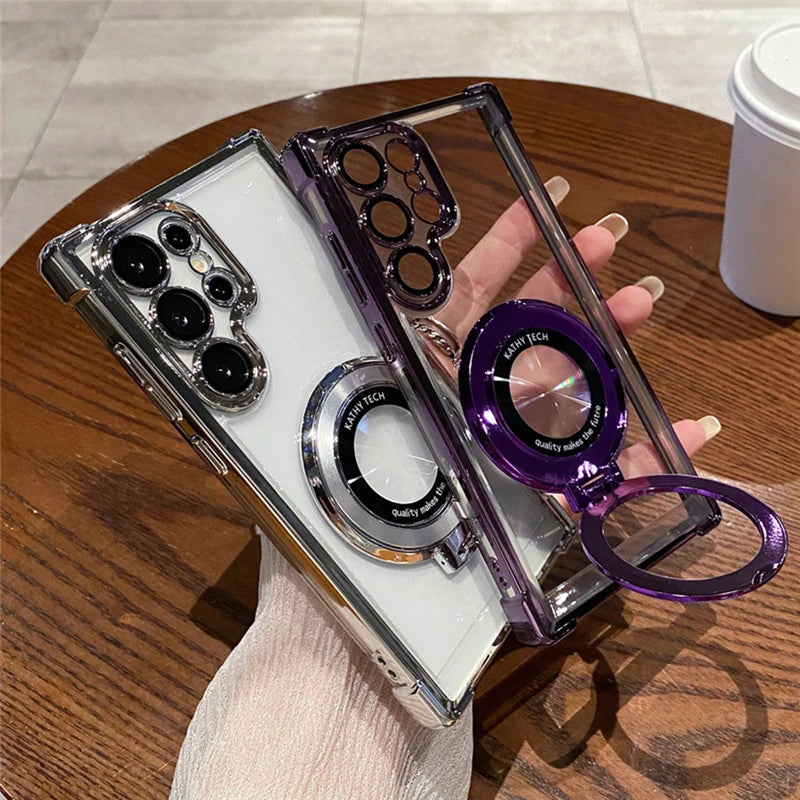 Transparent luxury Samsung Galaxy S25 Ultra case with a sleek frame, designed by Corporación Turística.