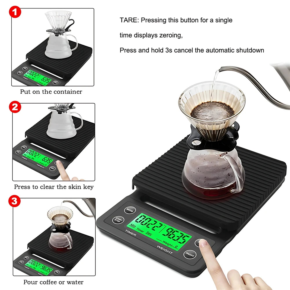 Báscula de Cocina Digital 3kg/0.1g con Temporizador - Precisión para Café y Hogar - Corporación Turística