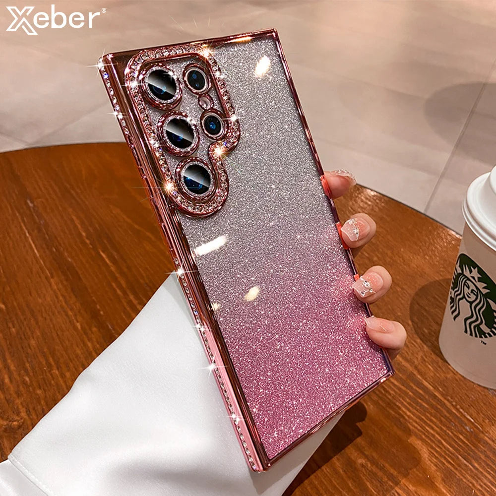 Colorful gradient glitter phone case from Corporación Turística with shiny, sparkling embellishments for stylish protection.