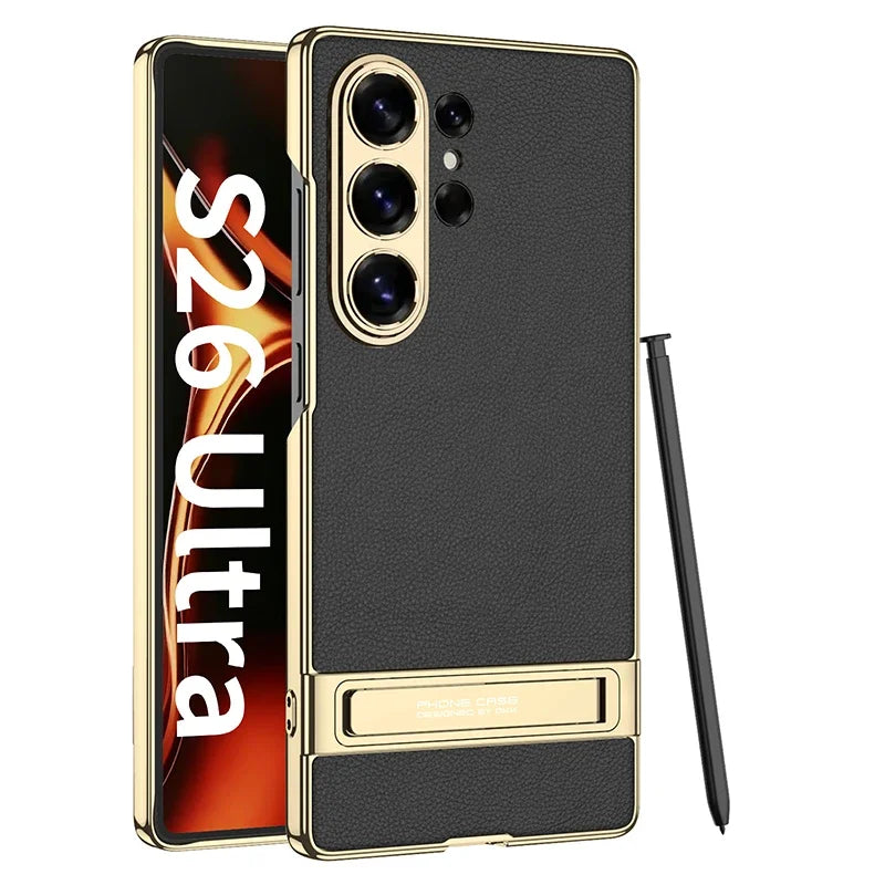 Hard protective case with support and leather-like exterior, designed for durable device protection by Corporación Turística.