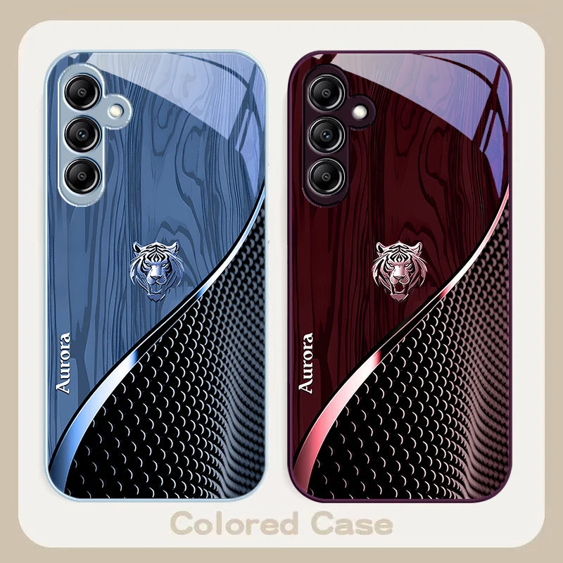 Glass phone case with a golden tiger design, compatible with smartphones, featuring a detailed and stylish animal motif.