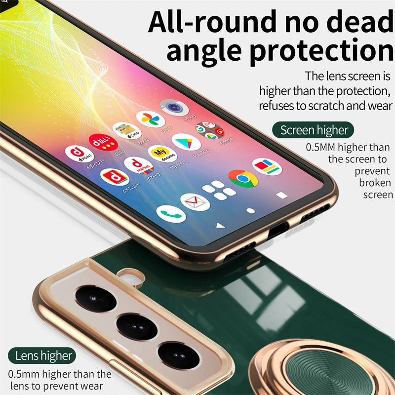 Luxury gold ring stand case for Samsung smartphones, featuring a sleek design and protective cover from Corporación Turística.