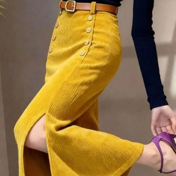 Falda larga de pana morada francesa para mujer, estilo re...