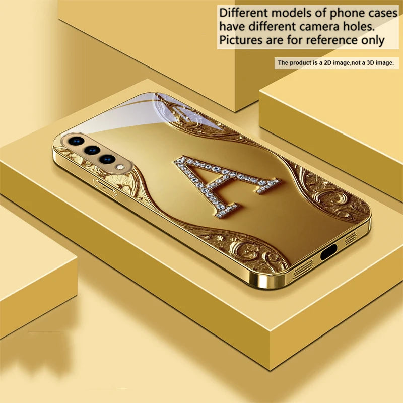 Golden crystal phone case with diamond accents, sleek design, and transparent back for iPhone protection.