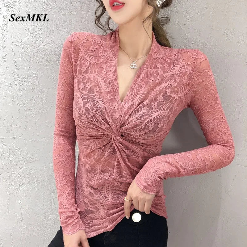 Elegant lace V-neck blouse for women, featuring intricate lace details and a stylish fit, ideal for sophisticated occasions.