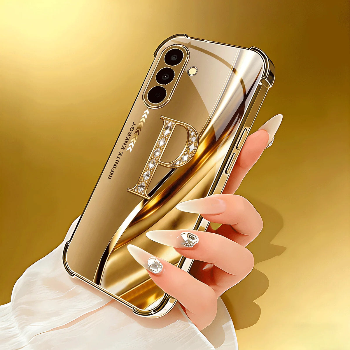 Samsung Galaxy S22 Plus Ultra FE phone case with gold letter "P," crystal corners, and lens protection by Corporación Turística.