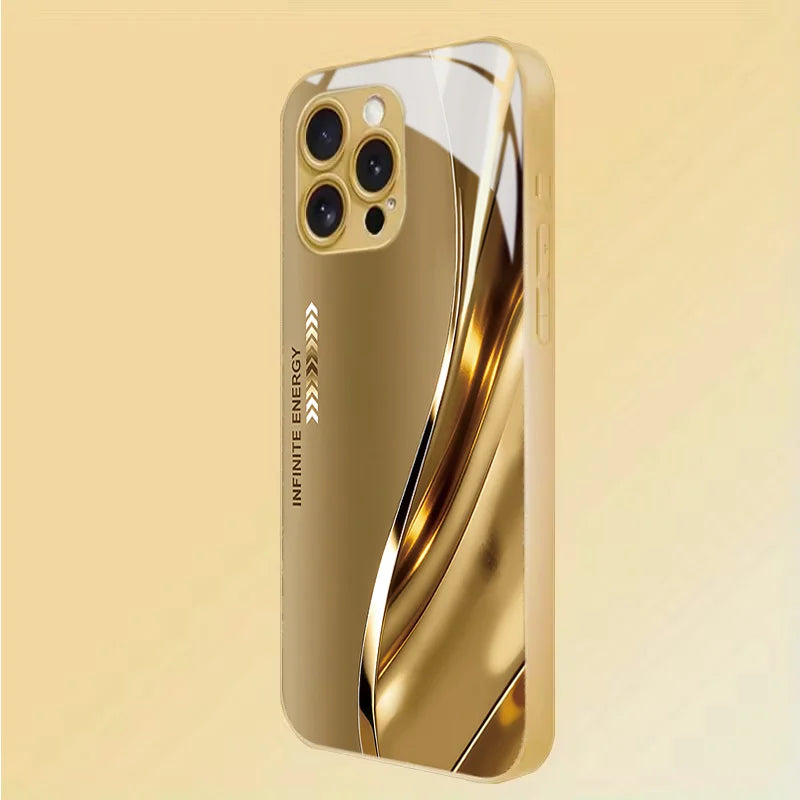 Tempered glass protective case with curved metal edges from Corporación Turística, showing a sleek, modern design.