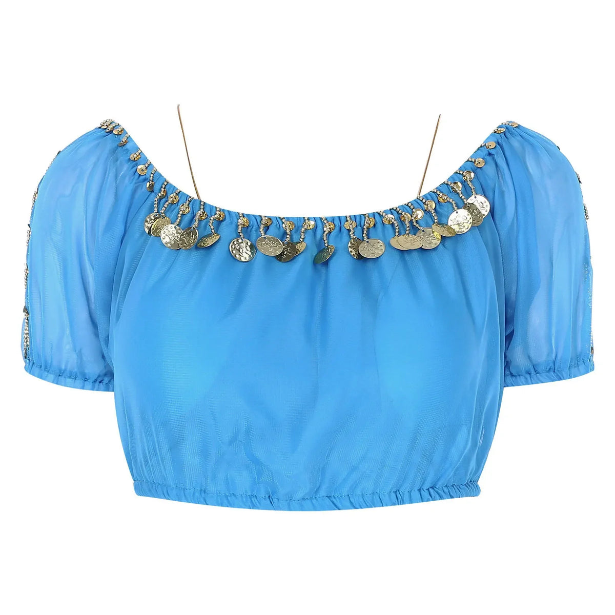 Shiny silver sequin short top for women with oriental-inspired style, from Corporación Turística, shown on a model.