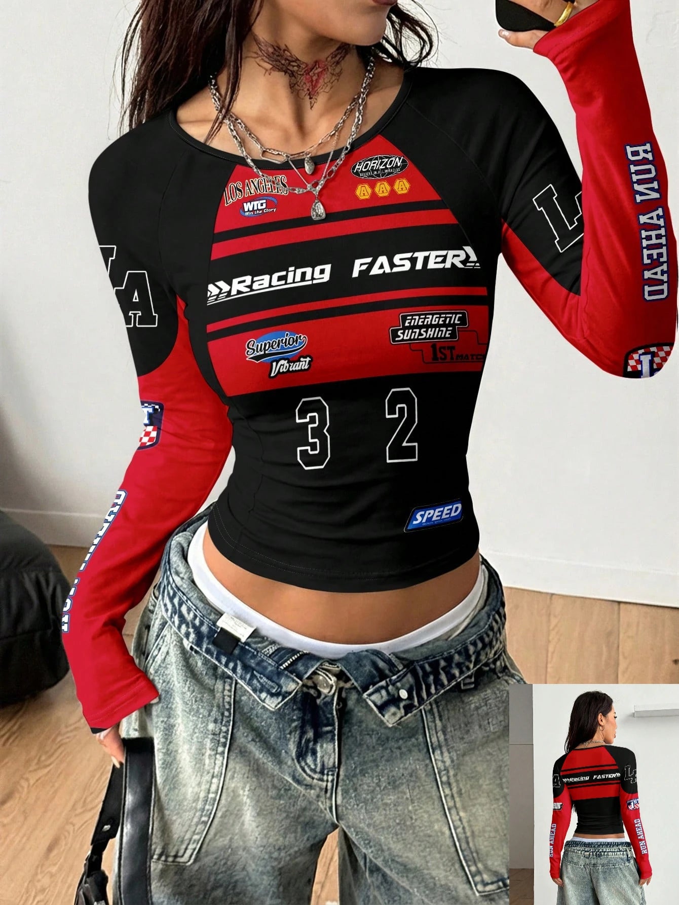 Camiseta de manga raglán con estampado gráfico de motocic...