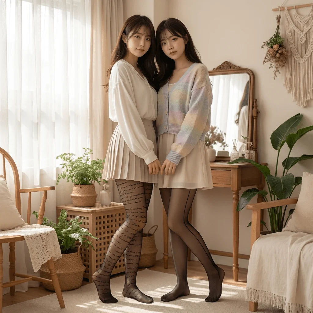 Two pairs of black ultra-fine silk elastic pantyhose from Corporación Turística, shown laid flat on a white background.