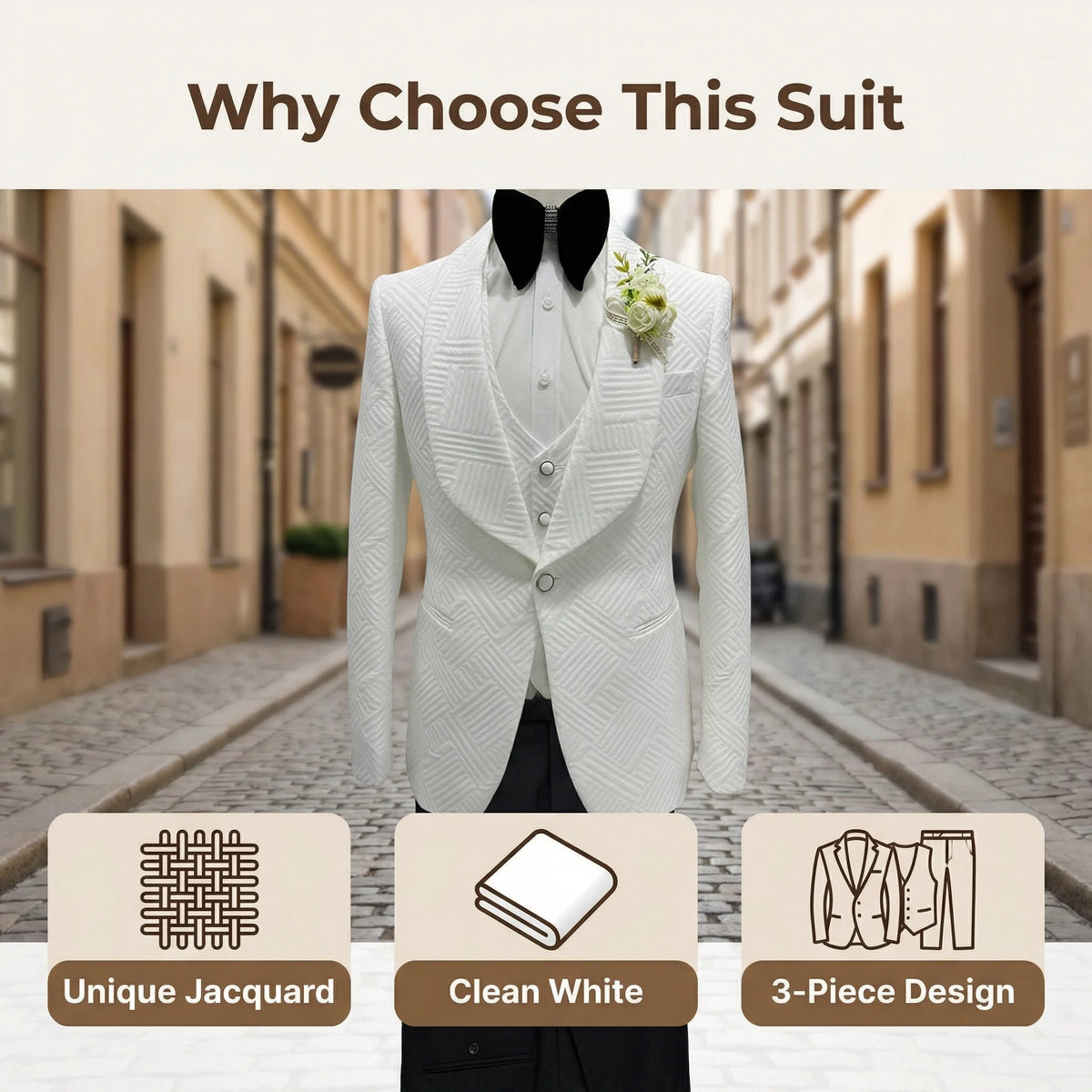Elegant high-quality groom wedding suit by Corporación Turística, featuring a classic fit and detailed tailoring.