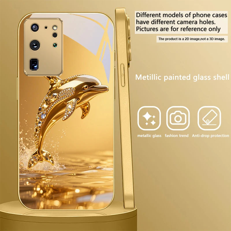 Gold dolphin phone case for Samsung Galaxy S20 FE, S21 Plus, S22, and S23 by Corporación Turística, featuring a detailed dolphin design.