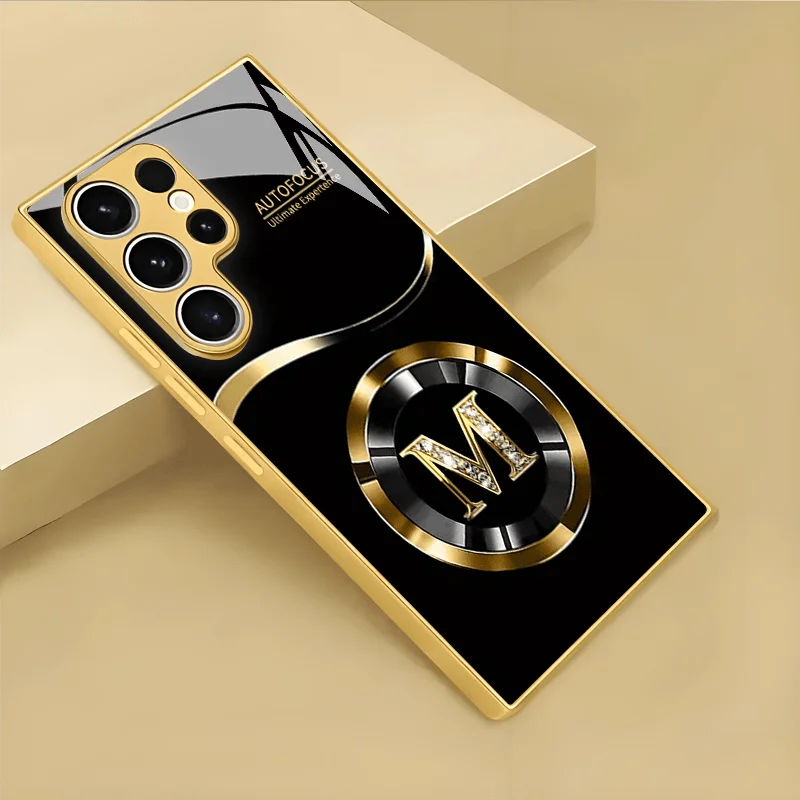 Black letter pattern glass phone case by Corporación Turística, showcasing a sleek, protective design for smartphones.
