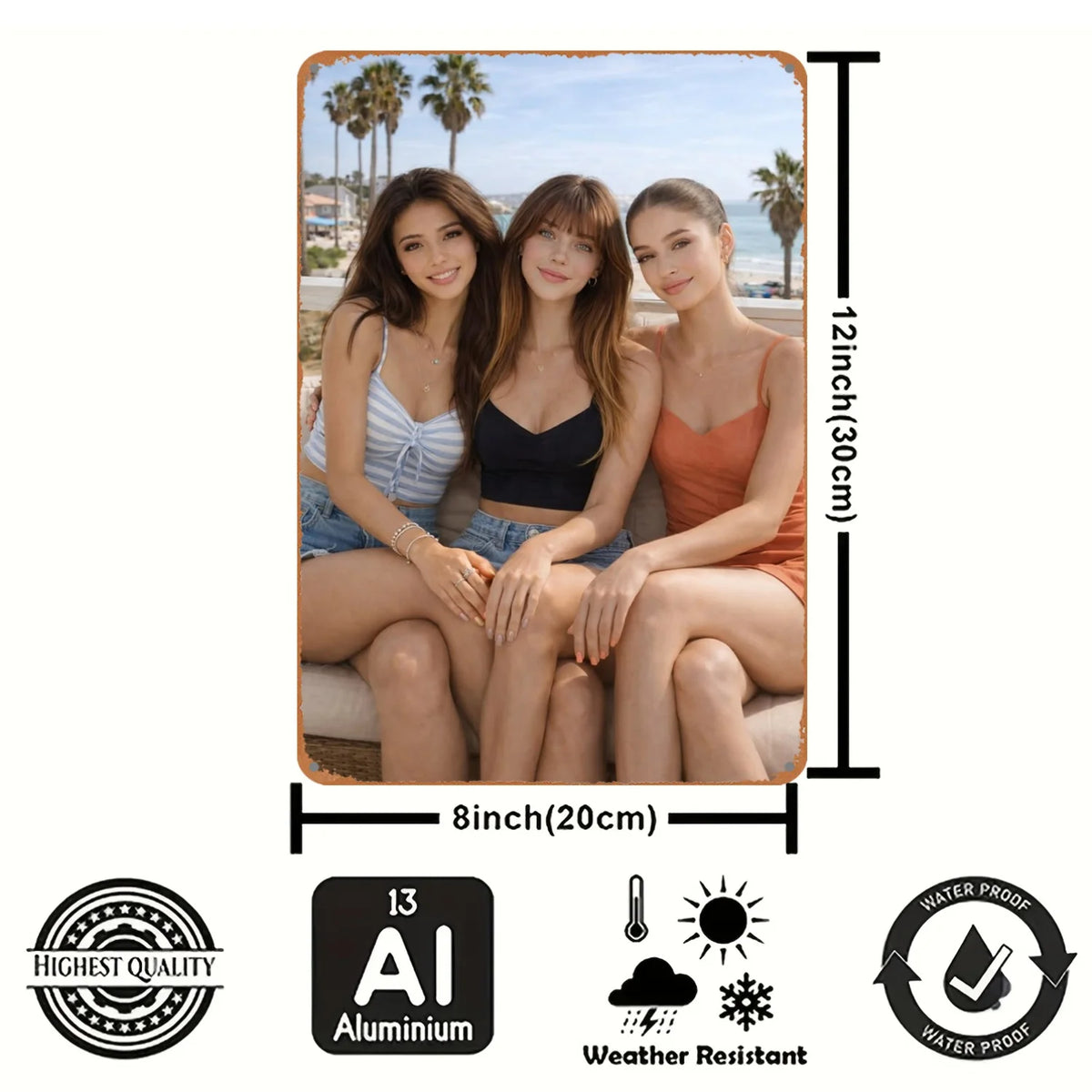 Modern 2D metal wall art sign featuring women, 8x12 inches, by Corporación Turística, suitable for contemporary home decor.