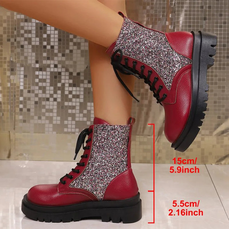 Botas Retro rojas brillantes para Mujer, botines con cord...